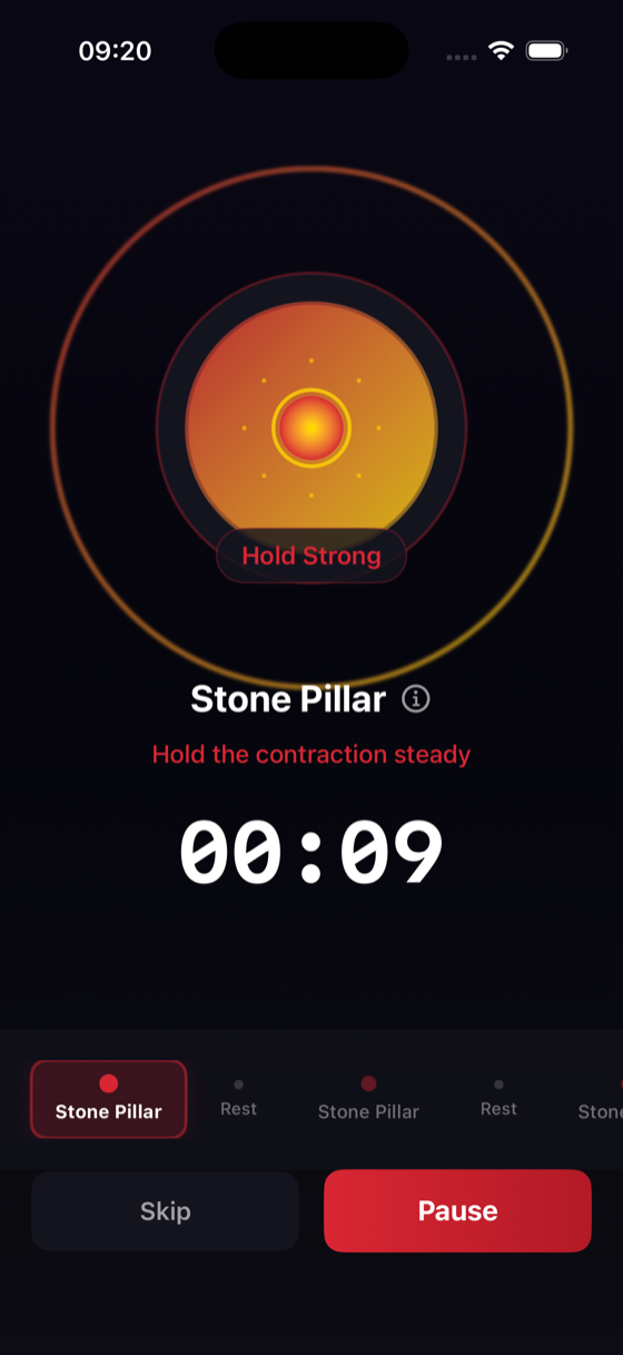 Guided training session — contraction visualization with timer and haptic cues