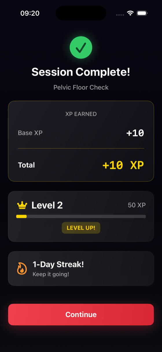 Session complete — XP earned, level up, and streak tracking